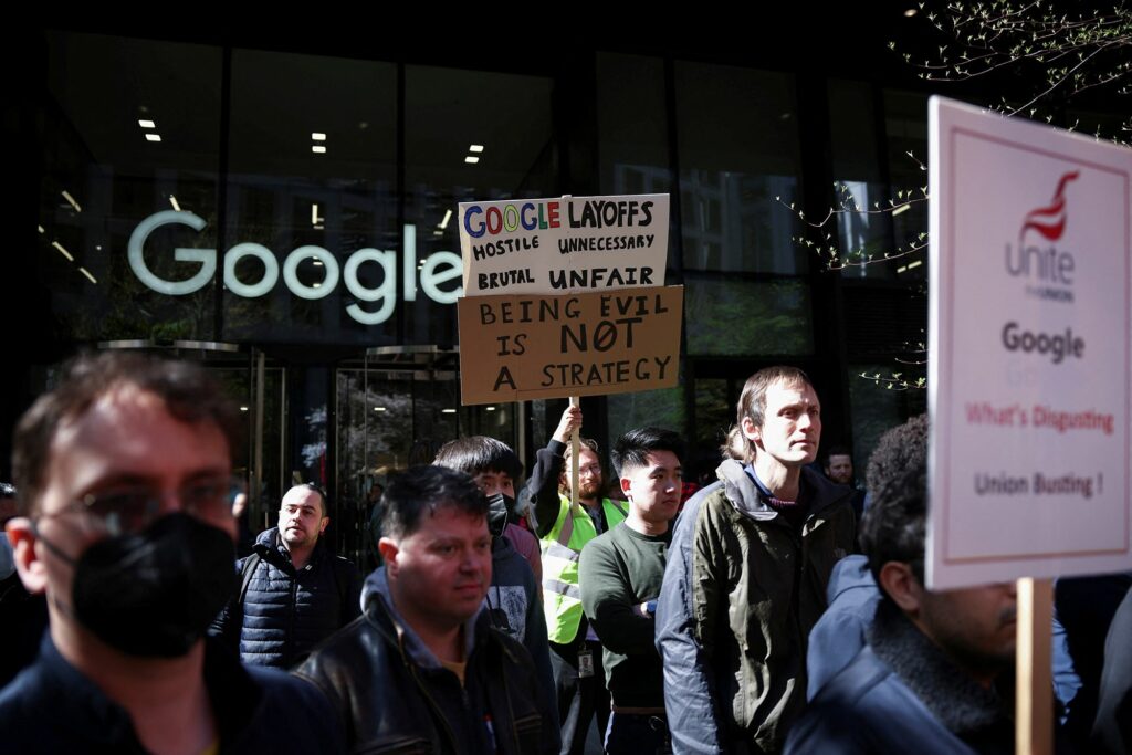 Google staff protest layoffs in London